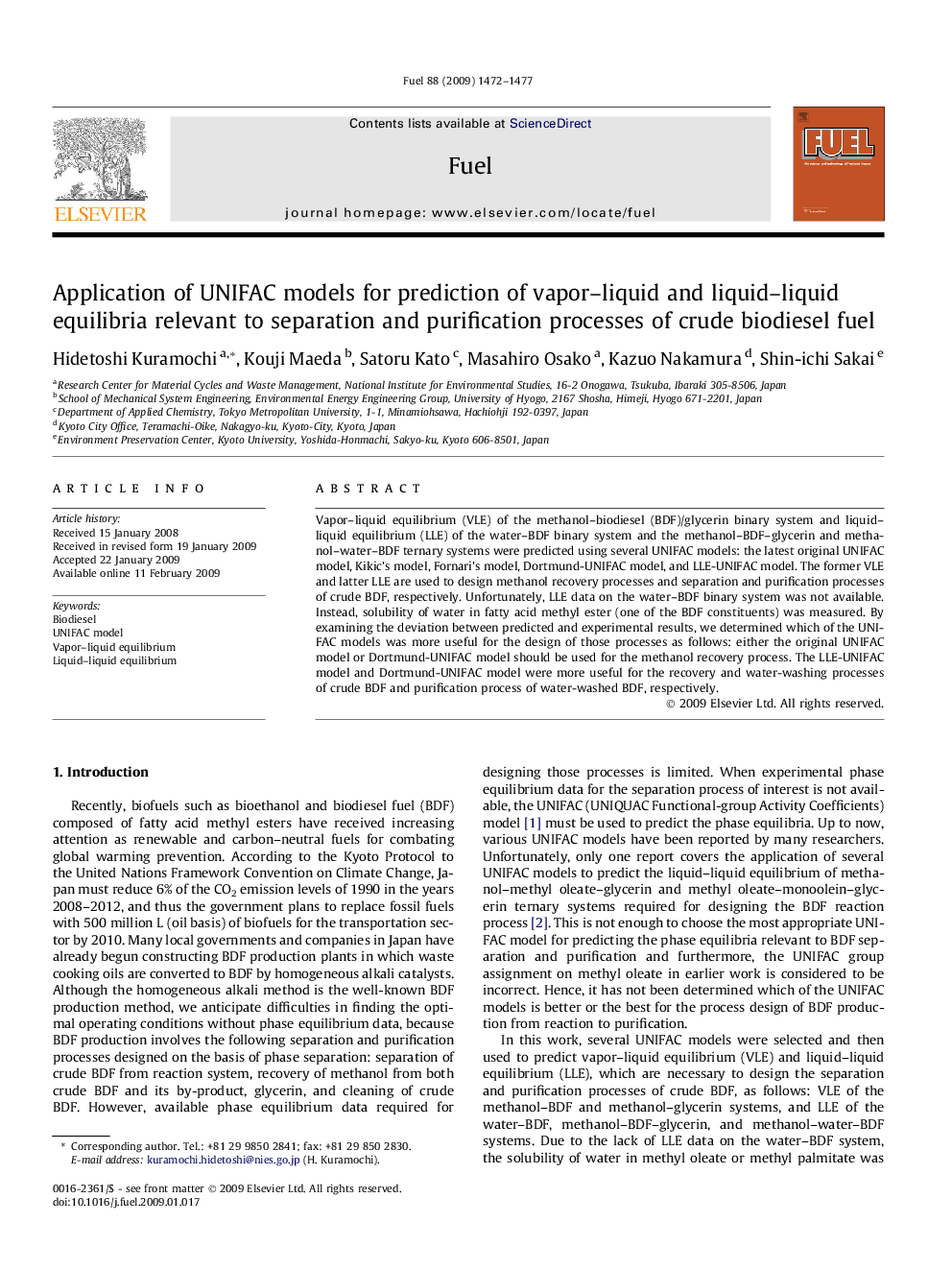 Application of UNIFAC models for prediction of vapor–liquid and liquid–liquid equilibria relevant to separation and purification processes of crude biodiesel fuel