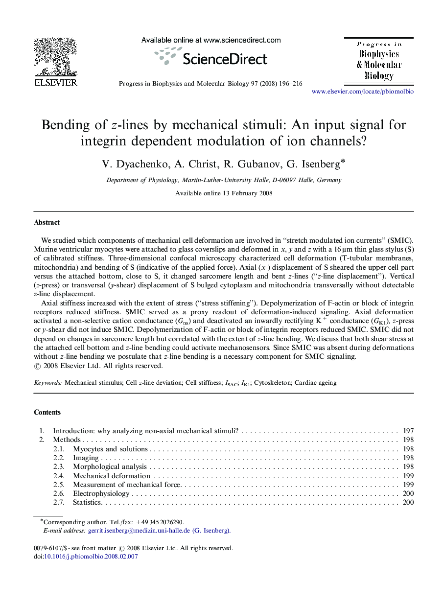 Bending of z-lines by mechanical stimuli: An input signal for integrin dependent modulation of ion channels?