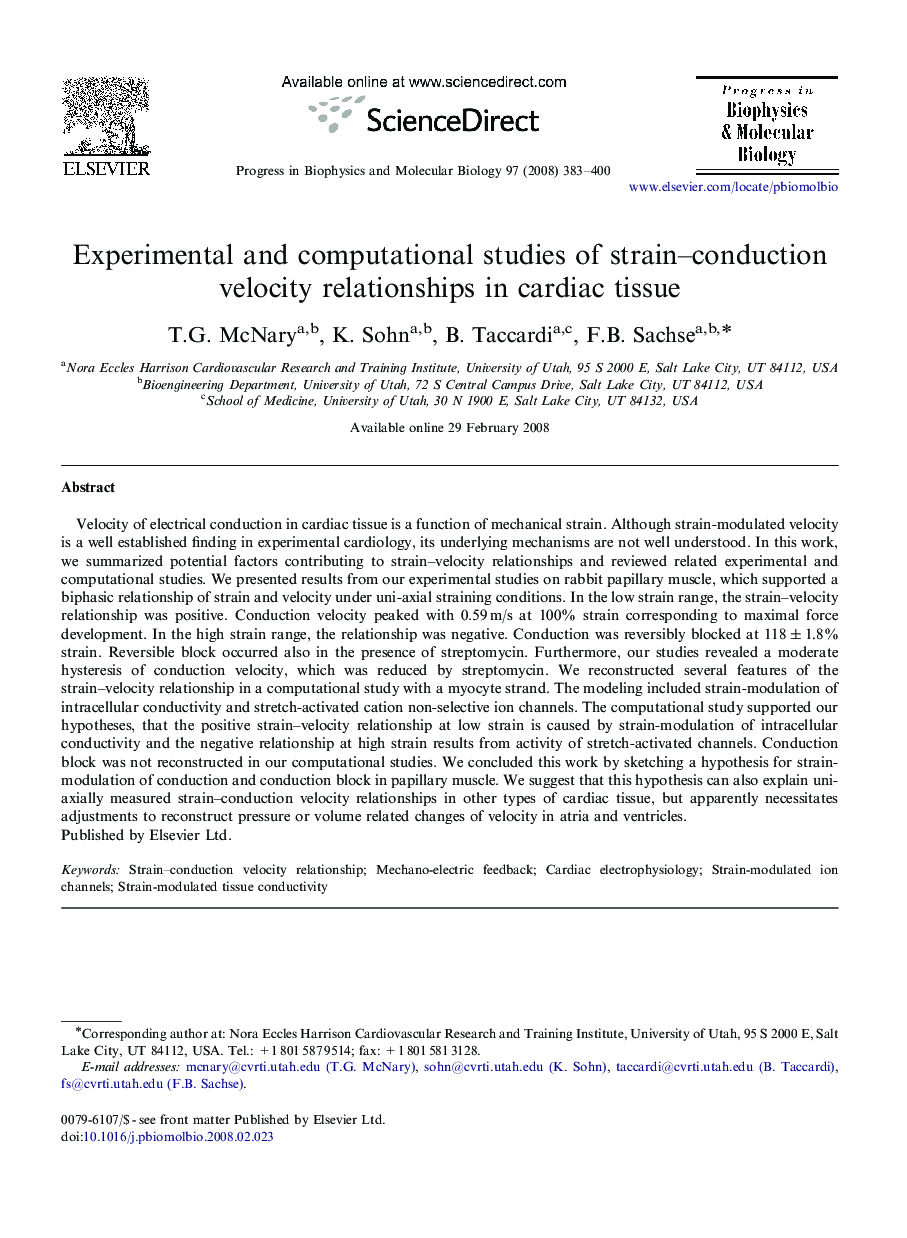 Experimental and computational studies of strain–conduction velocity relationships in cardiac tissue