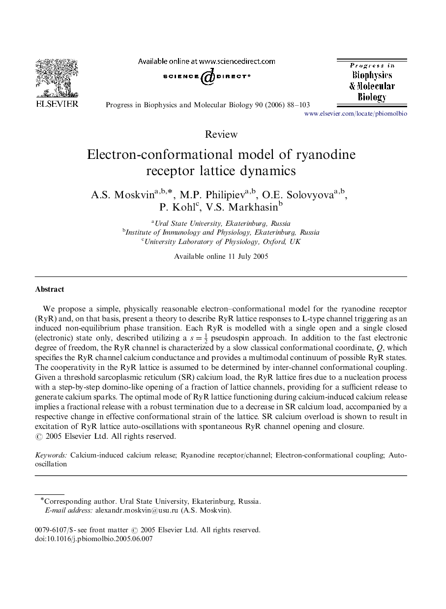 Electron-conformational model of ryanodine receptor lattice dynamics