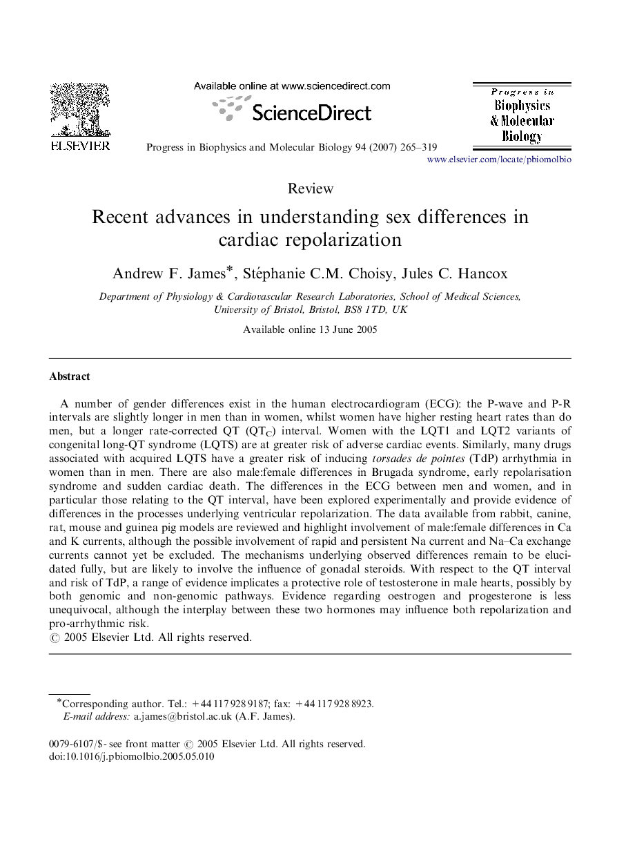 Recent advances in understanding sex differences in cardiac repolarization