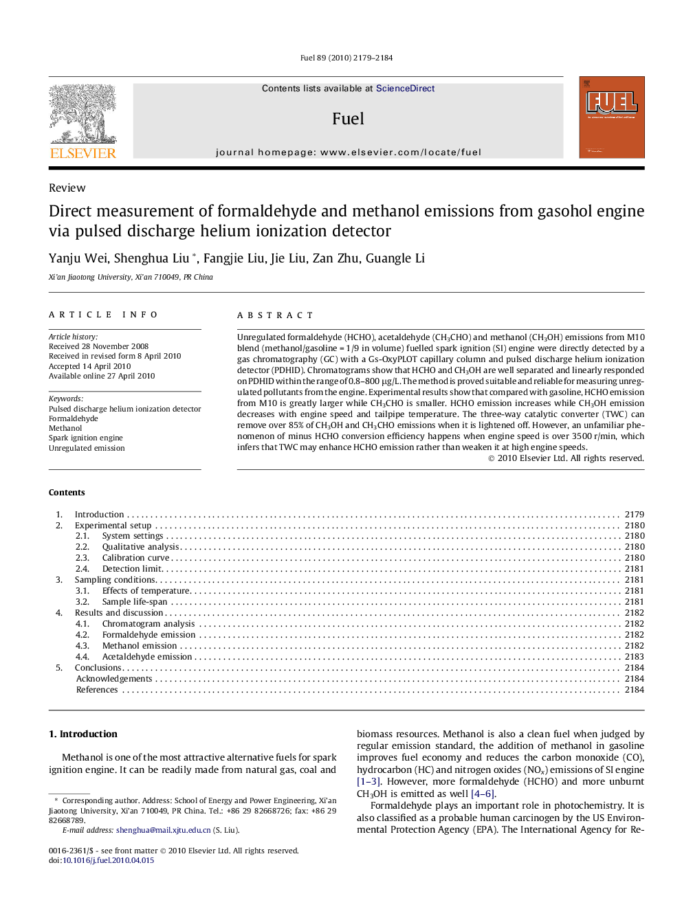 Direct measurement of formaldehyde and methanol emissions from gasohol engine via pulsed discharge helium ionization detector