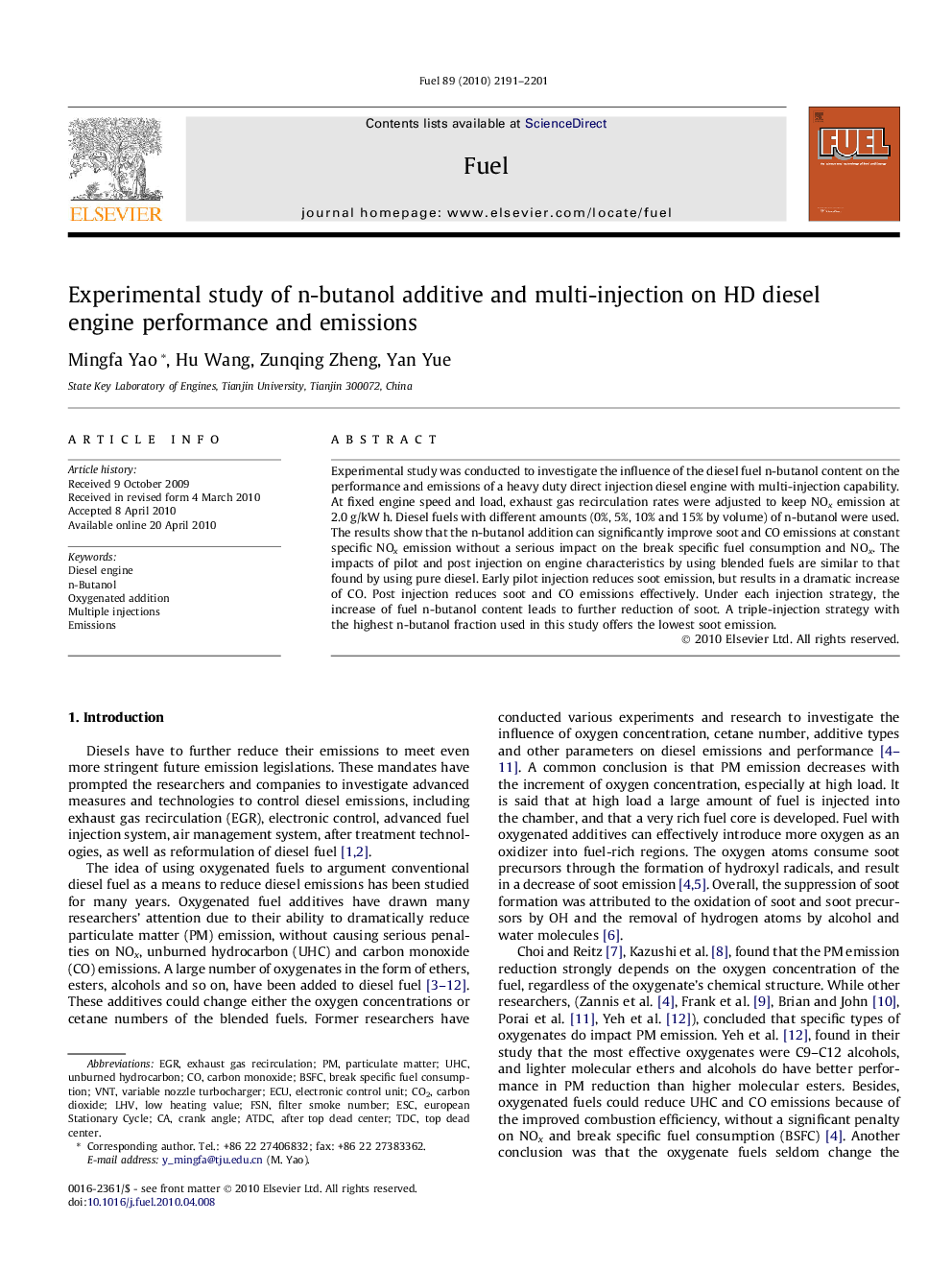 Experimental study of n-butanol additive and multi-injection on HD diesel engine performance and emissions