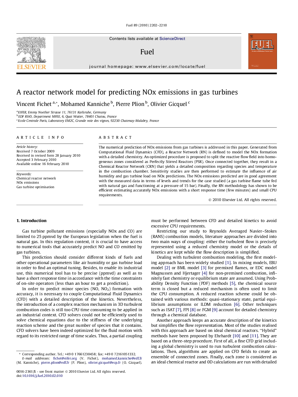 A reactor network model for predicting NOx emissions in gas turbines