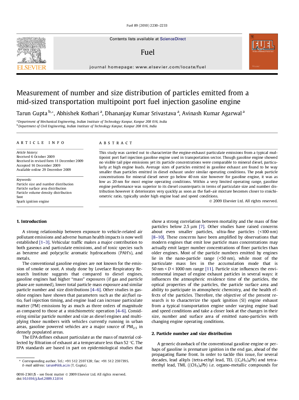 Measurement of number and size distribution of particles emitted from a mid-sized transportation multipoint port fuel injection gasoline engine