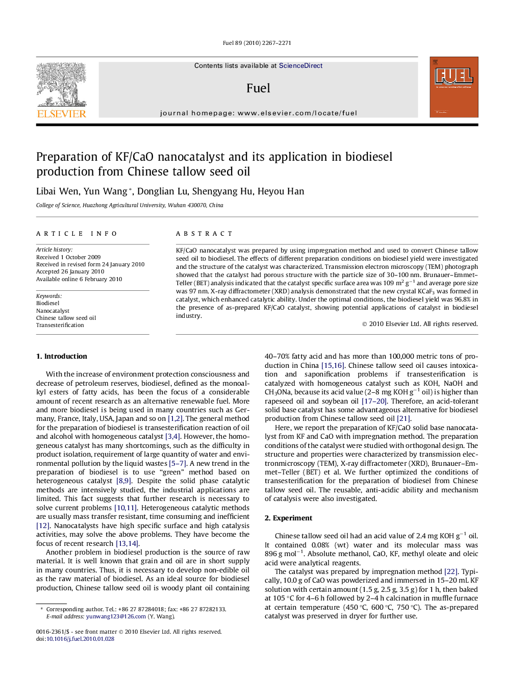 Preparation of KF/CaO nanocatalyst and its application in biodiesel production from Chinese tallow seed oil