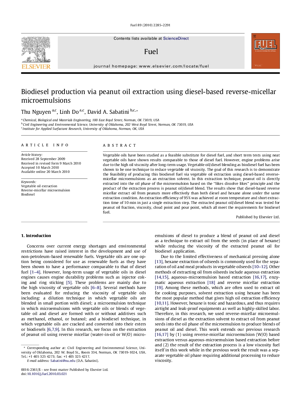 Biodiesel production via peanut oil extraction using diesel-based reverse-micellar microemulsions