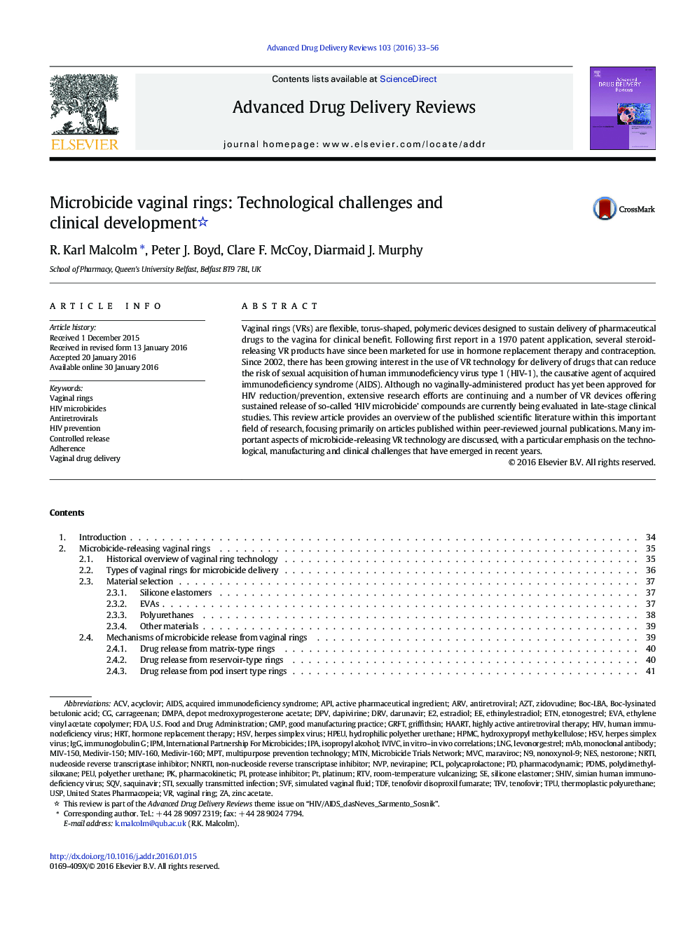 Microbicide vaginal rings: Technological challenges and clinical development 