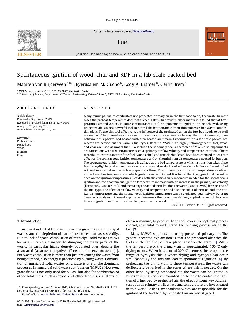 Spontaneous ignition of wood, char and RDF in a lab scale packed bed