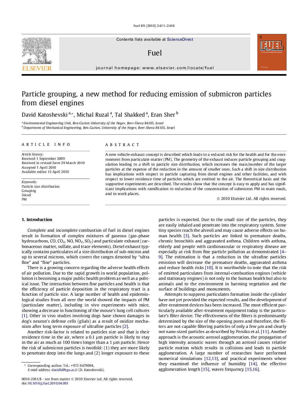 Particle grouping, a new method for reducing emission of submicron particles from diesel engines