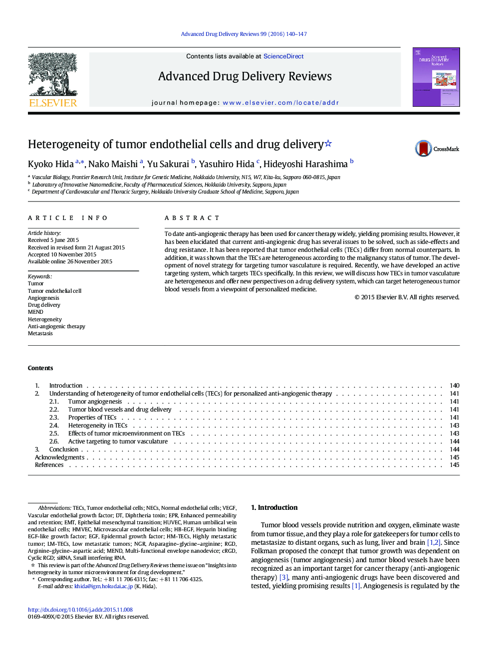 Heterogeneity of tumor endothelial cells and drug delivery 