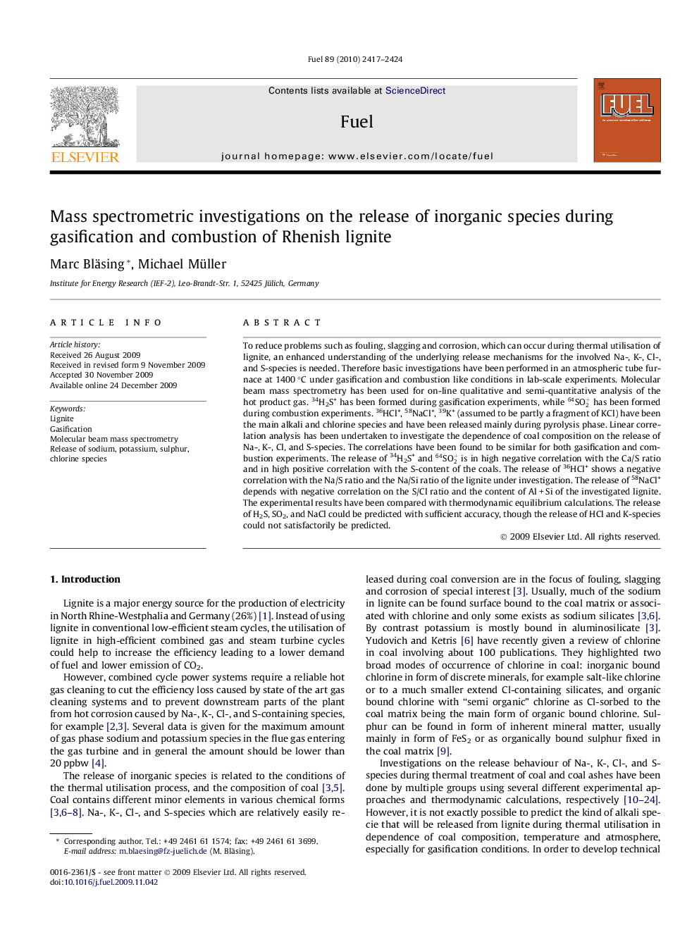 Mass spectrometric investigations on the release of inorganic species during gasification and combustion of Rhenish lignite