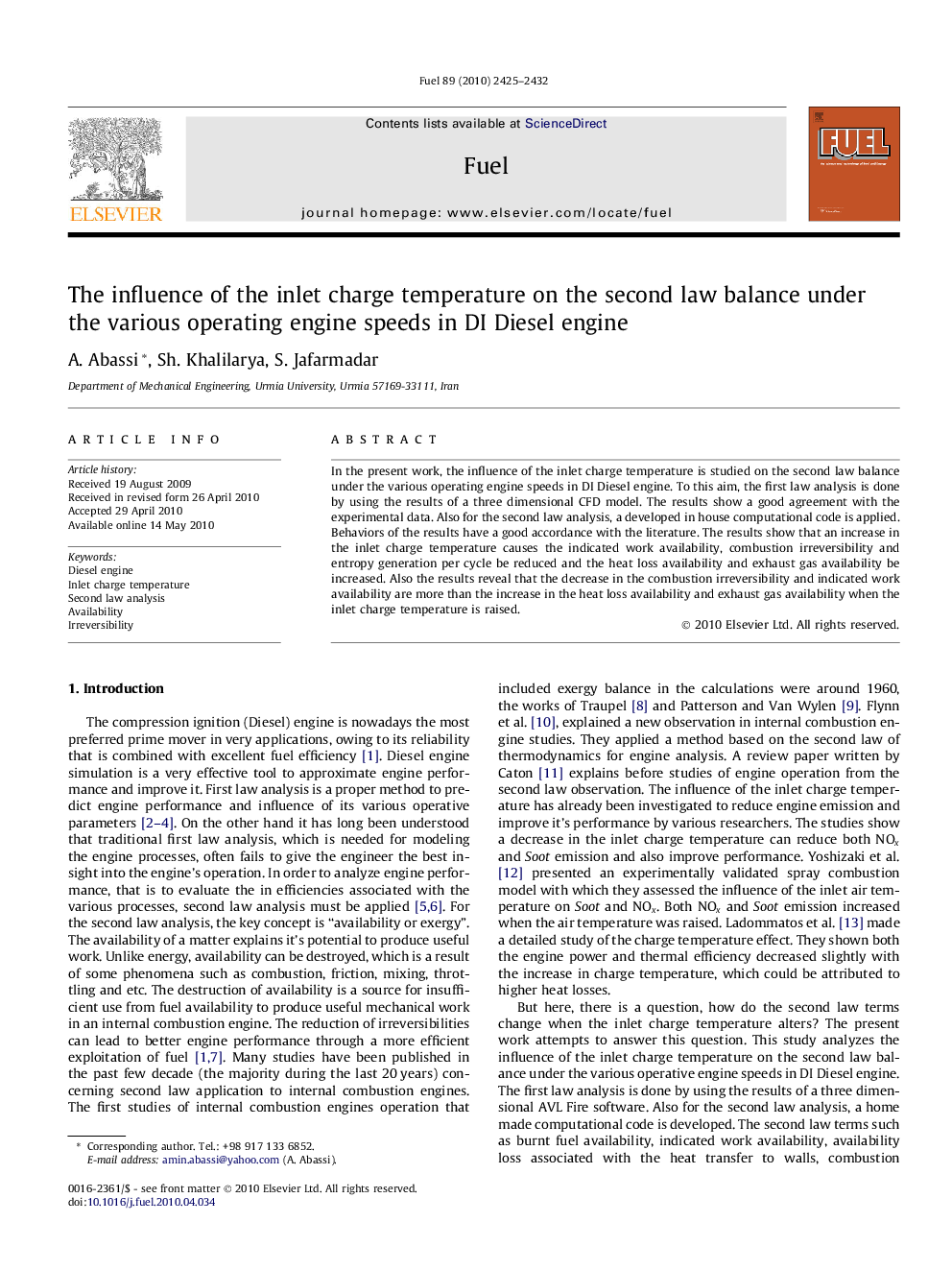 The influence of the inlet charge temperature on the second law balance under the various operating engine speeds in DI Diesel engine