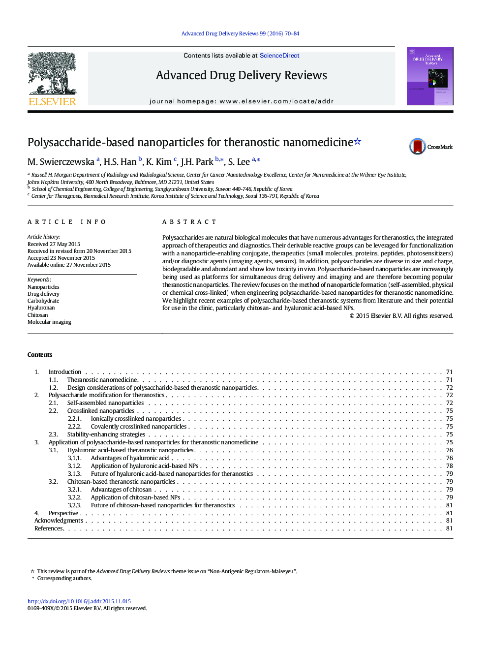 Polysaccharide-based nanoparticles for theranostic nanomedicine 