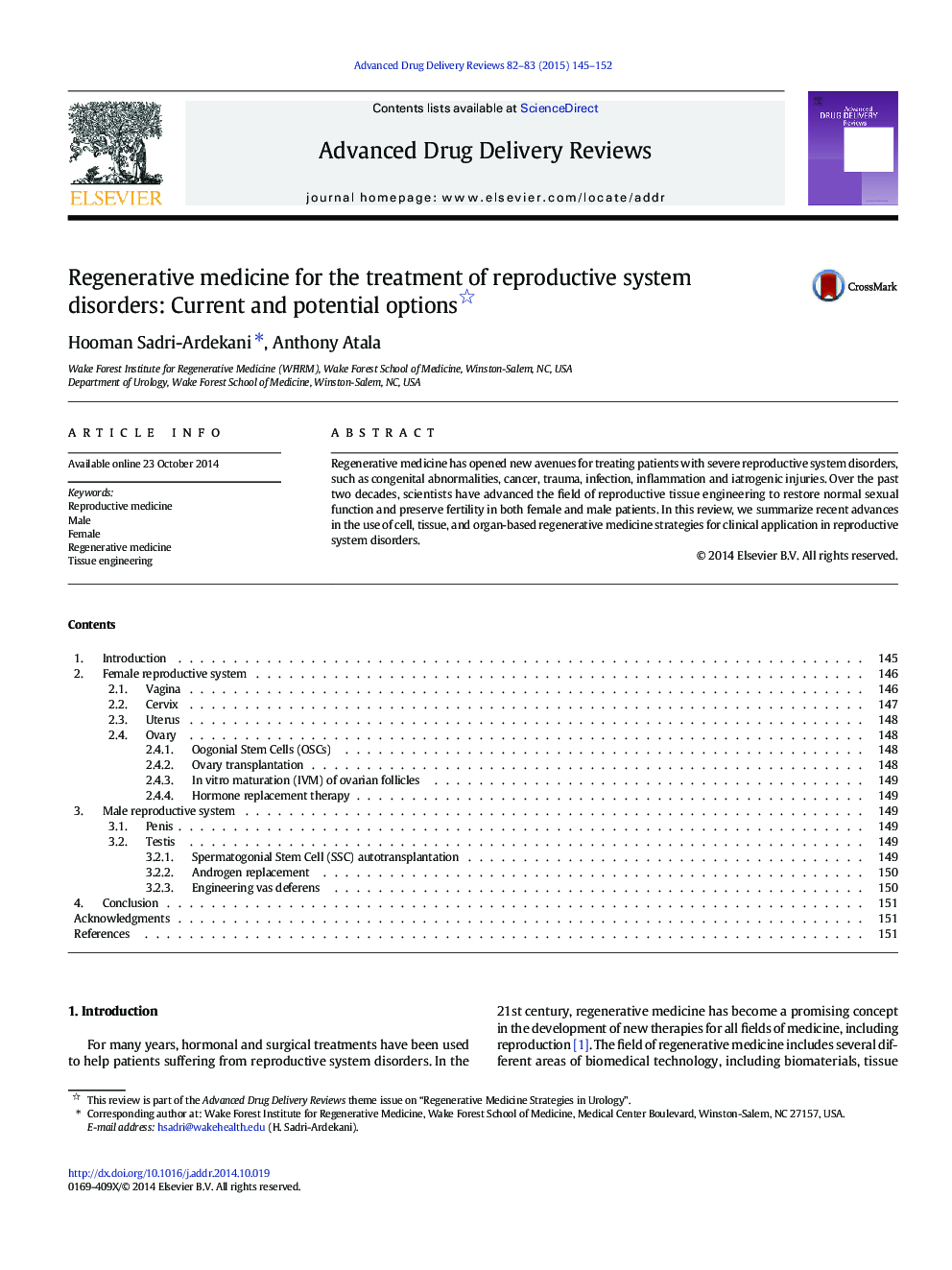 Regenerative medicine for the treatment of reproductive system disorders: Current and potential options 