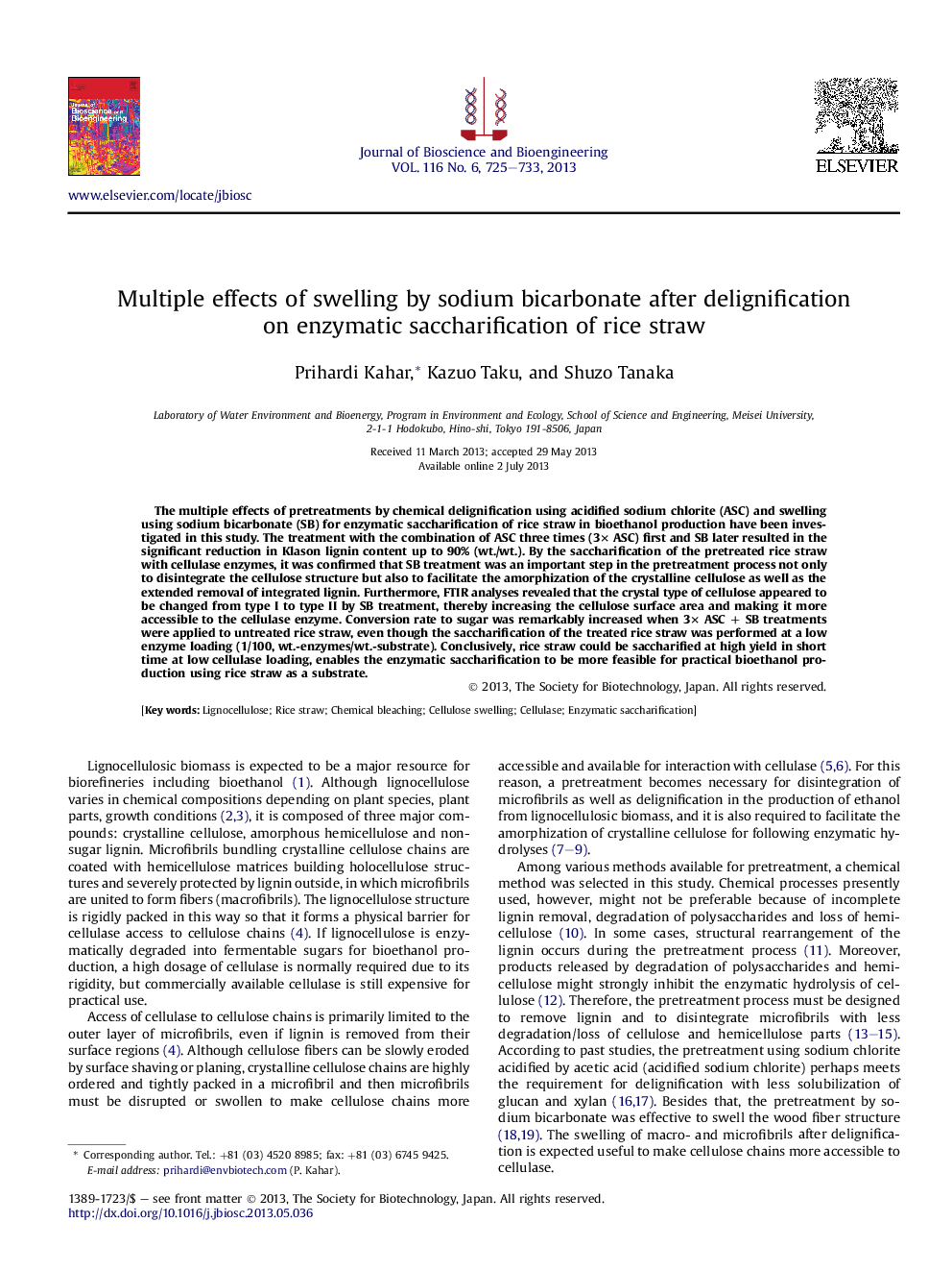 Multiple effects of swelling by sodium bicarbonate after delignification on enzymatic saccharification of rice straw