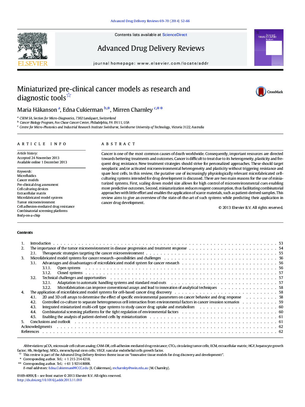 Miniaturized pre-clinical cancer models as research and diagnostic tools 