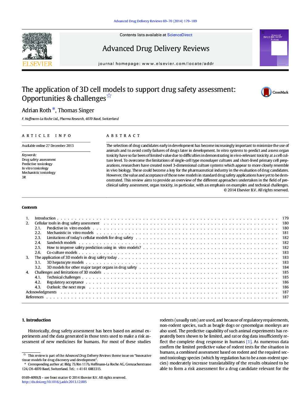 عکس صفحه اول مقاله: The application of 3D cell models to support drug safety assessment: Opportunities & challenges The application of 3D cell models to support drug safety assessment: Opportunities & challenges
