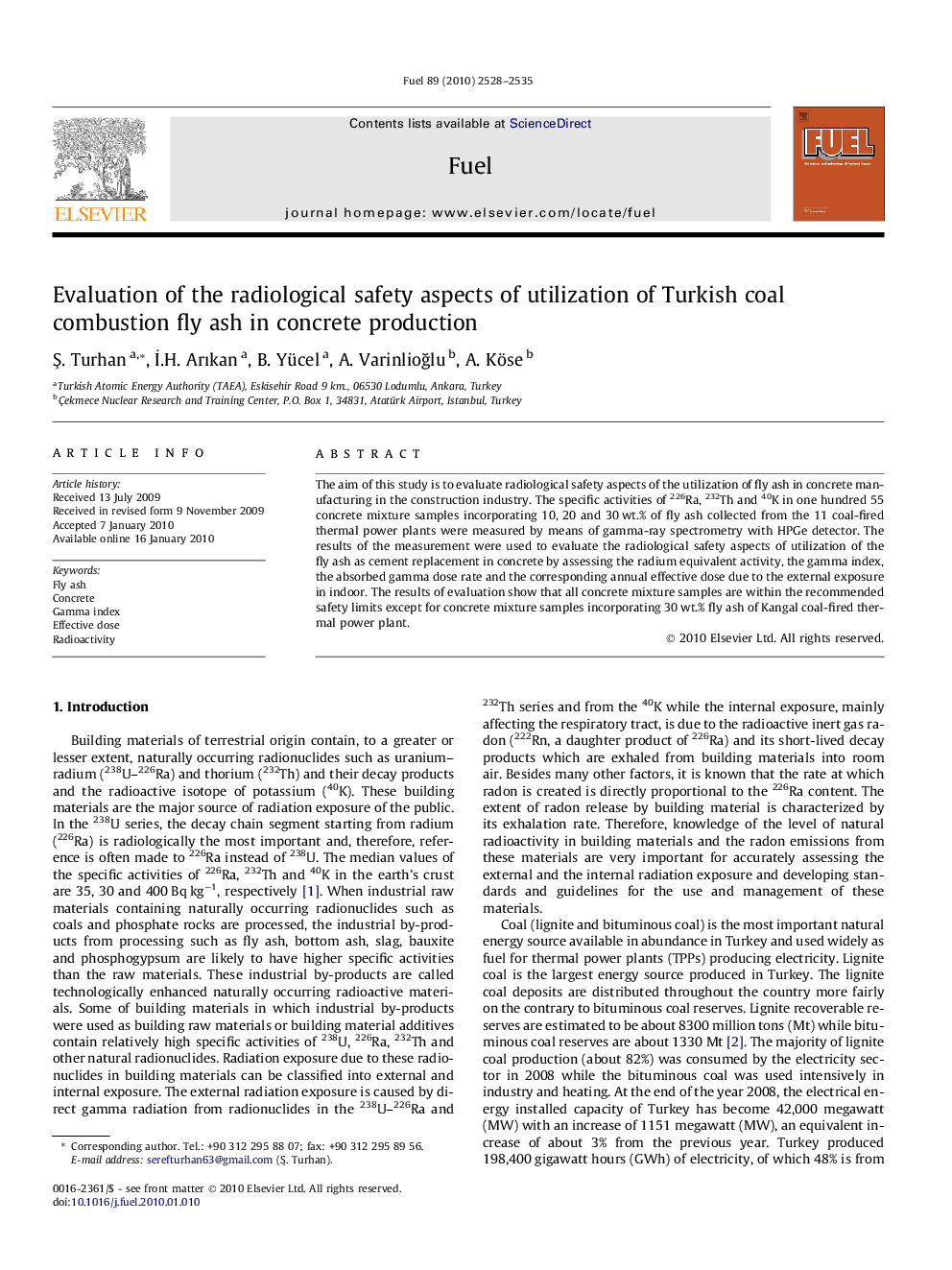 Evaluation of the radiological safety aspects of utilization of Turkish coal combustion fly ash in concrete production