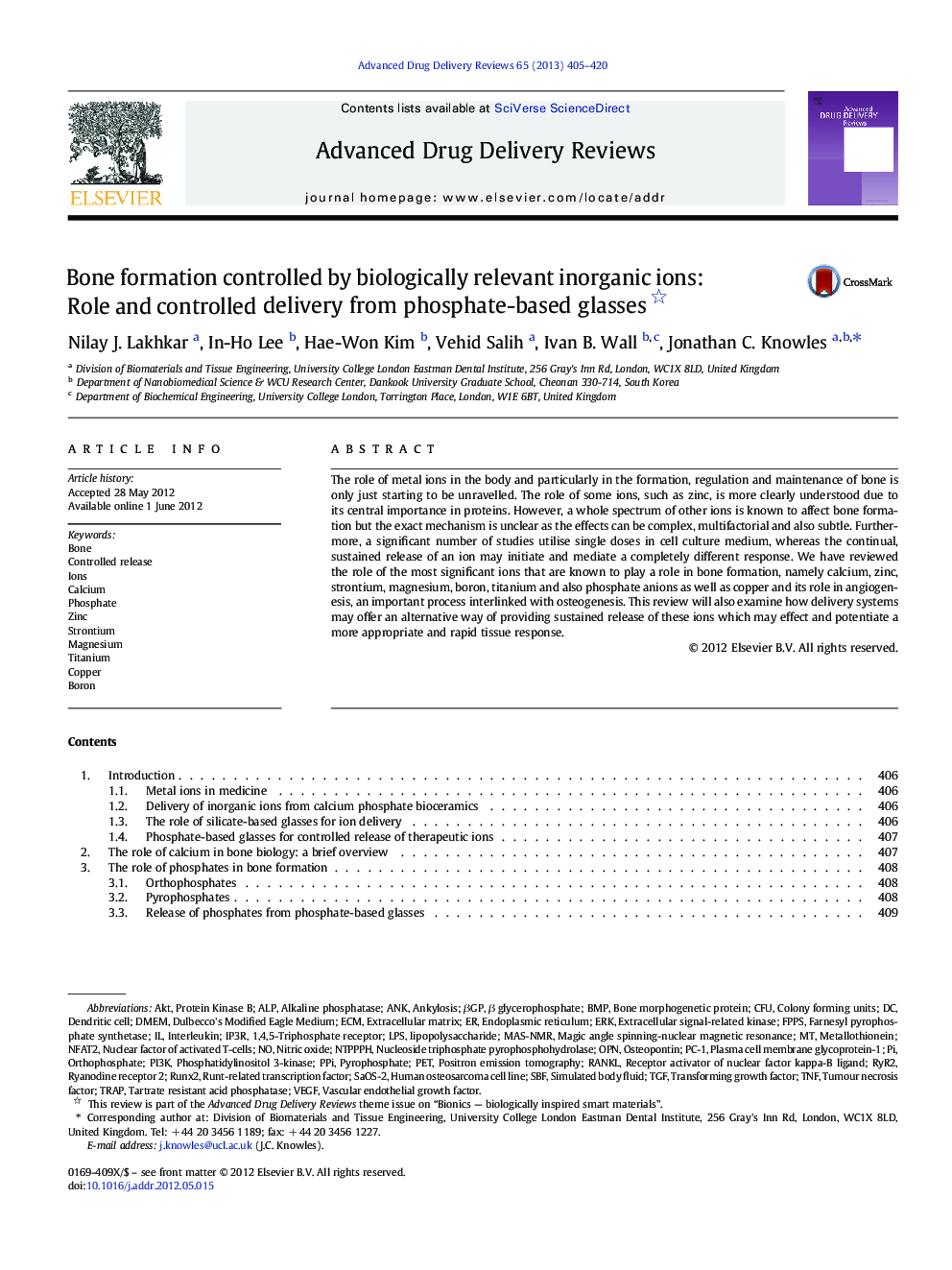 Bone formation controlled by biologically relevant inorganic ions: Role and controlled delivery from phosphate-based glasses 