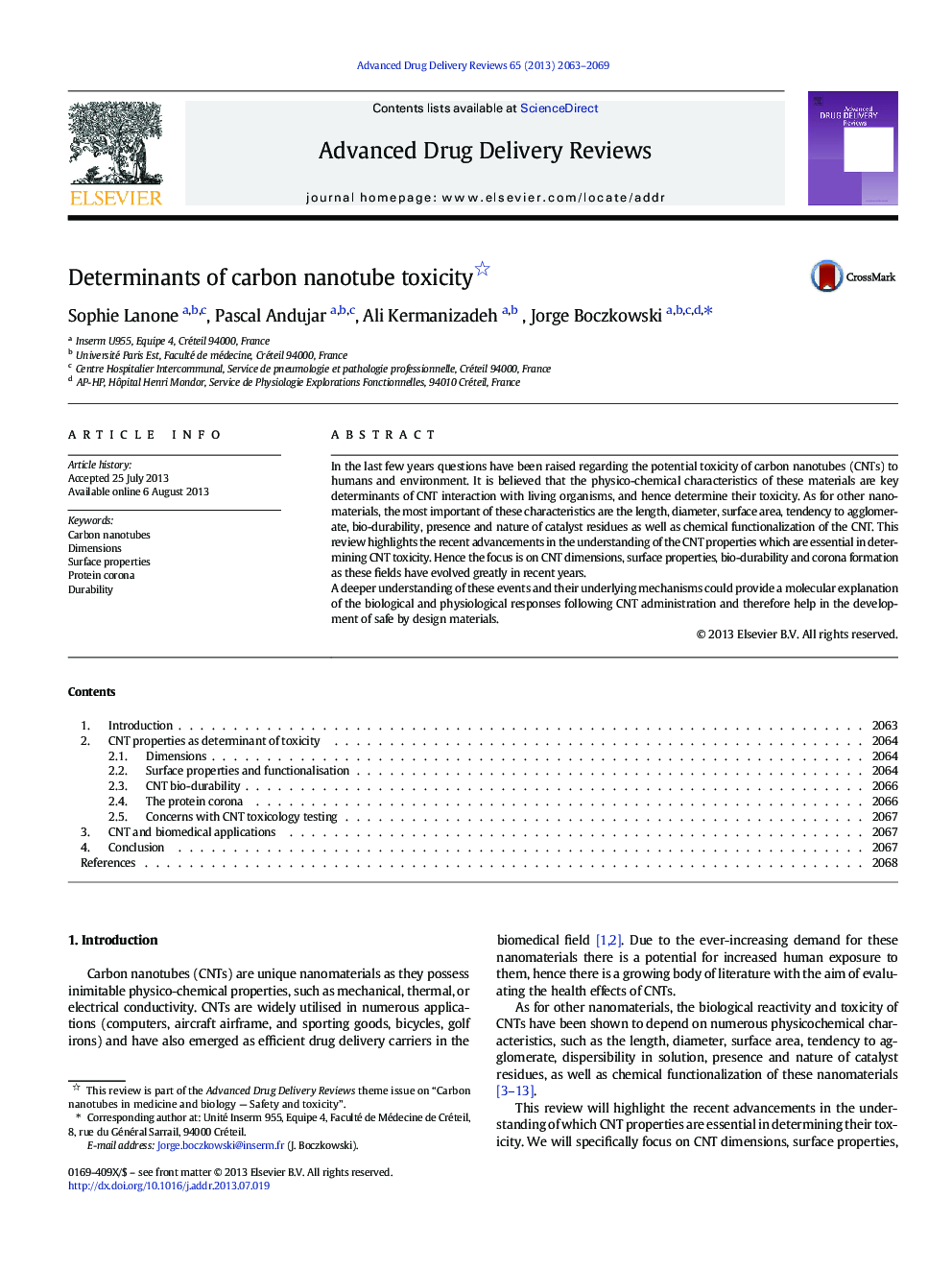 Determinants of carbon nanotube toxicity 