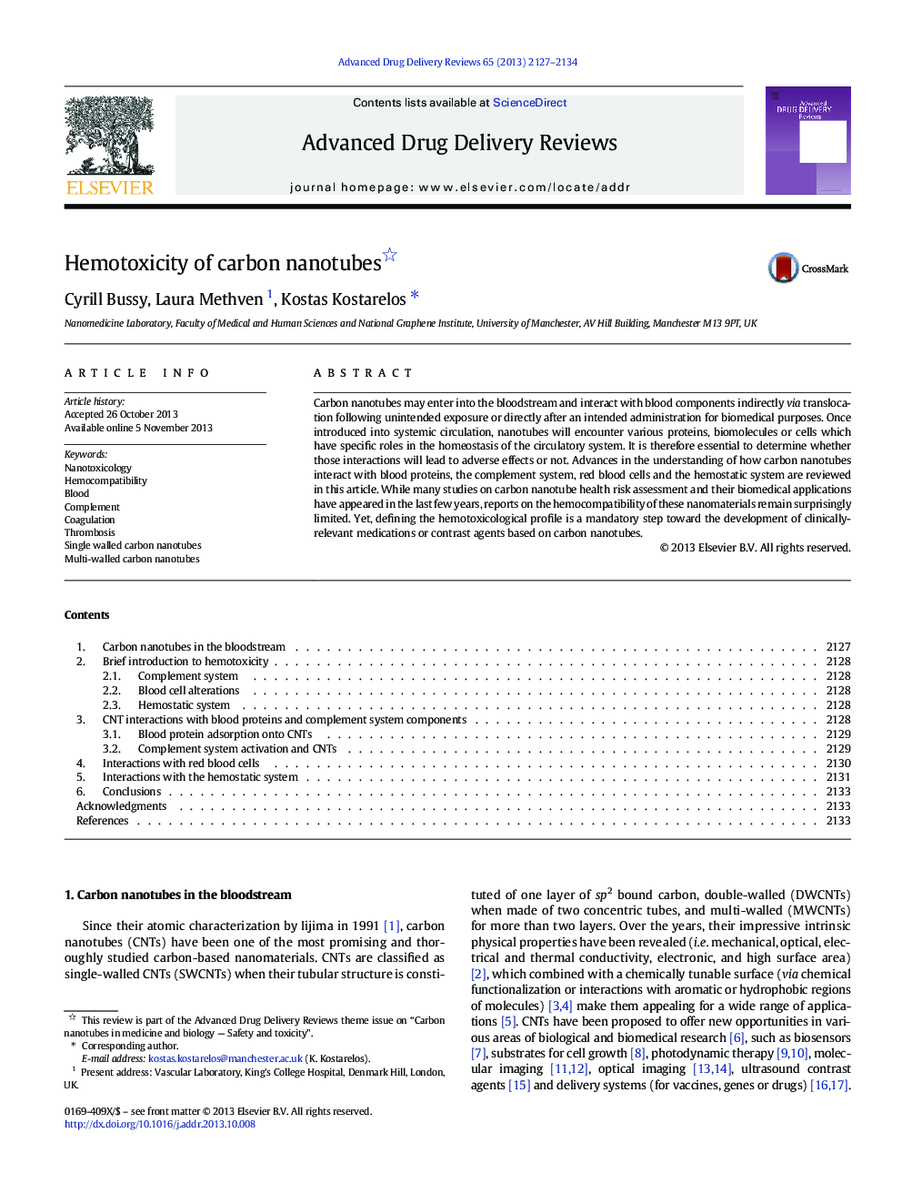 Hemotoxicity of carbon nanotubes 