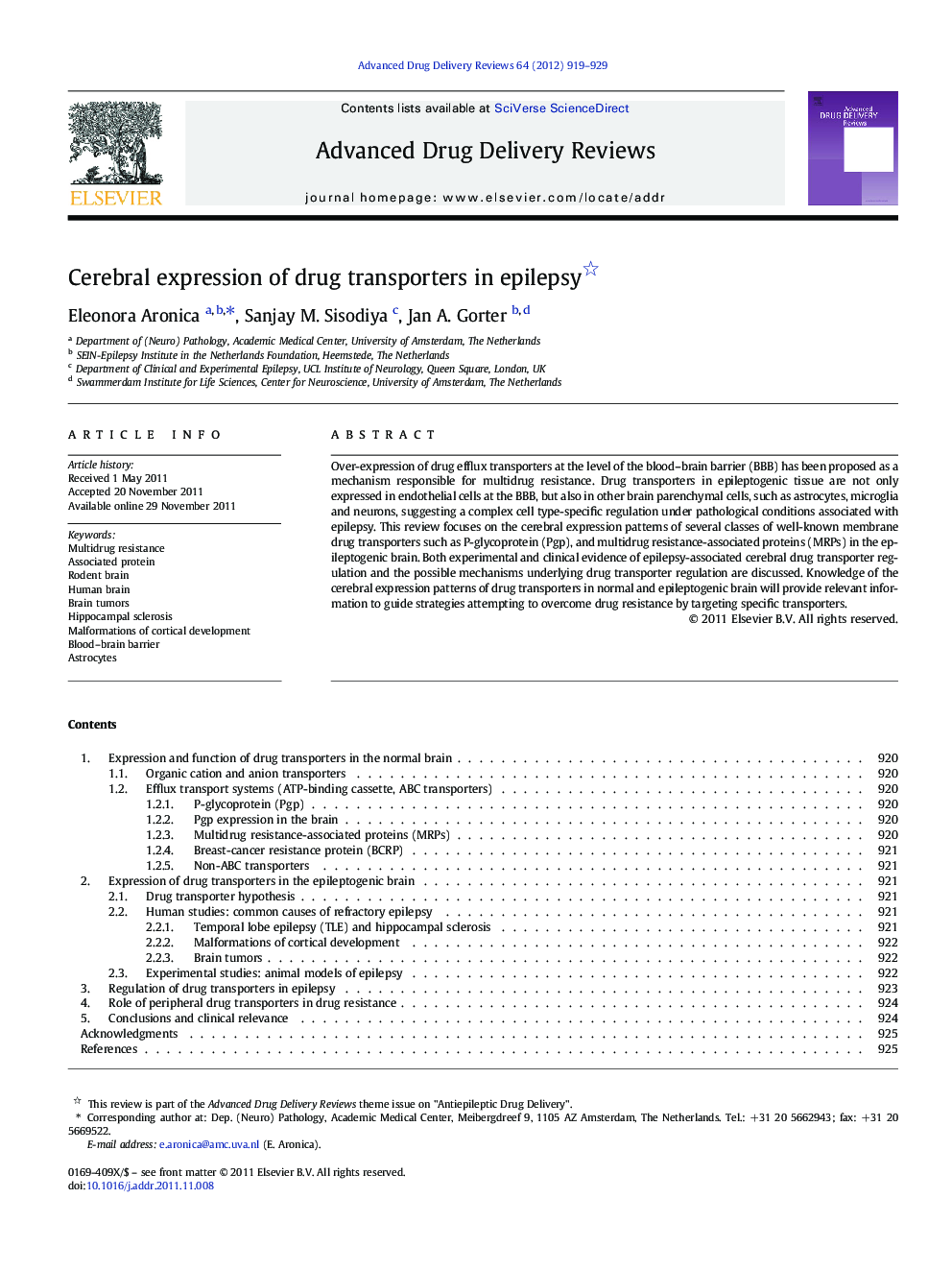 Cerebral expression of drug transporters in epilepsy 