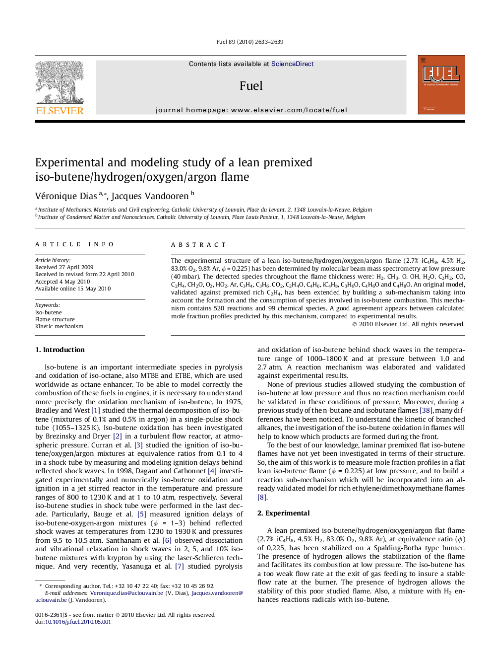 Experimental and modeling study of a lean premixed iso-butene/hydrogen/oxygen/argon flame