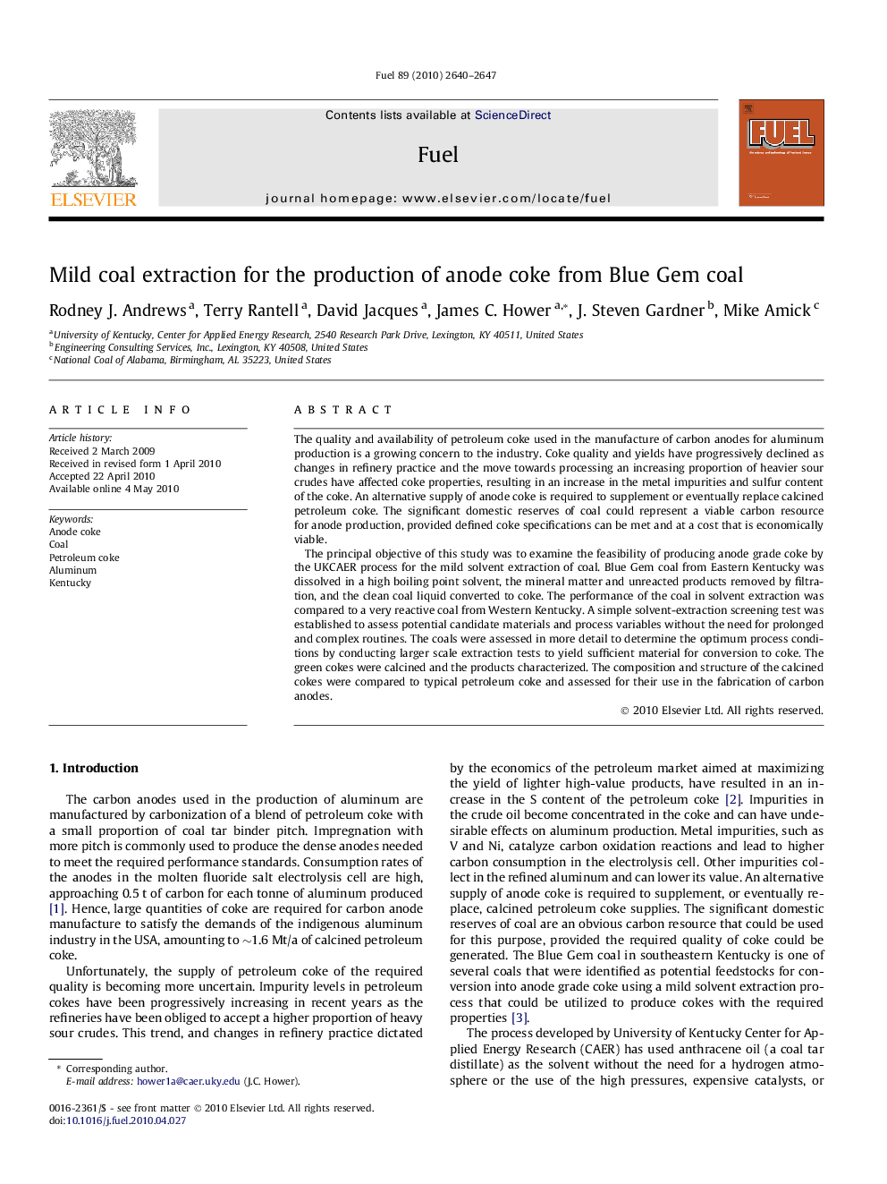 Mild coal extraction for the production of anode coke from Blue Gem coal