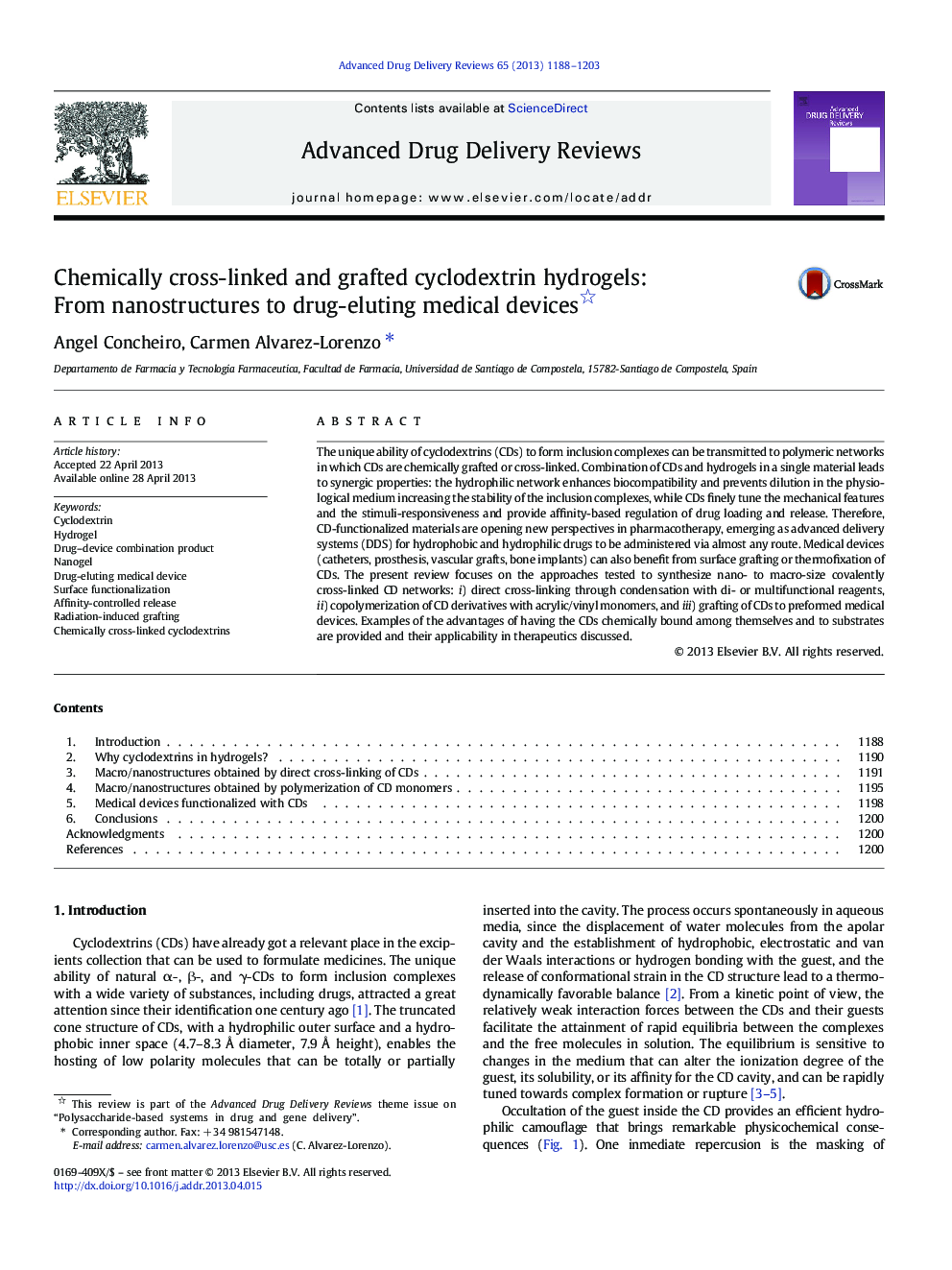 Chemically cross-linked and grafted cyclodextrin hydrogels: From nanostructures to drug-eluting medical devices 