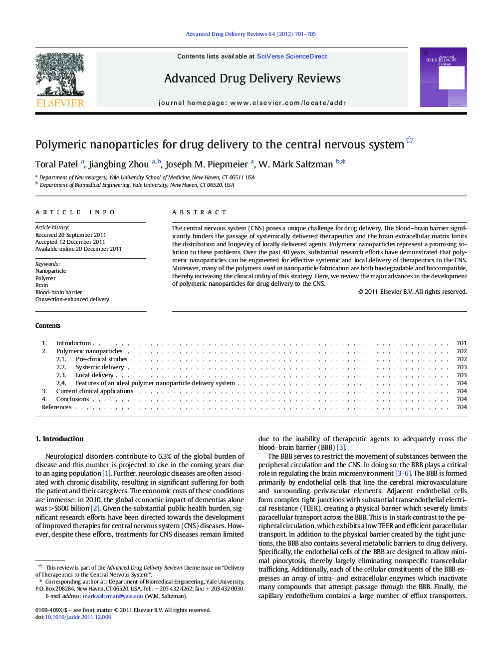 Polymeric nanoparticles for drug delivery to the central nervous system 