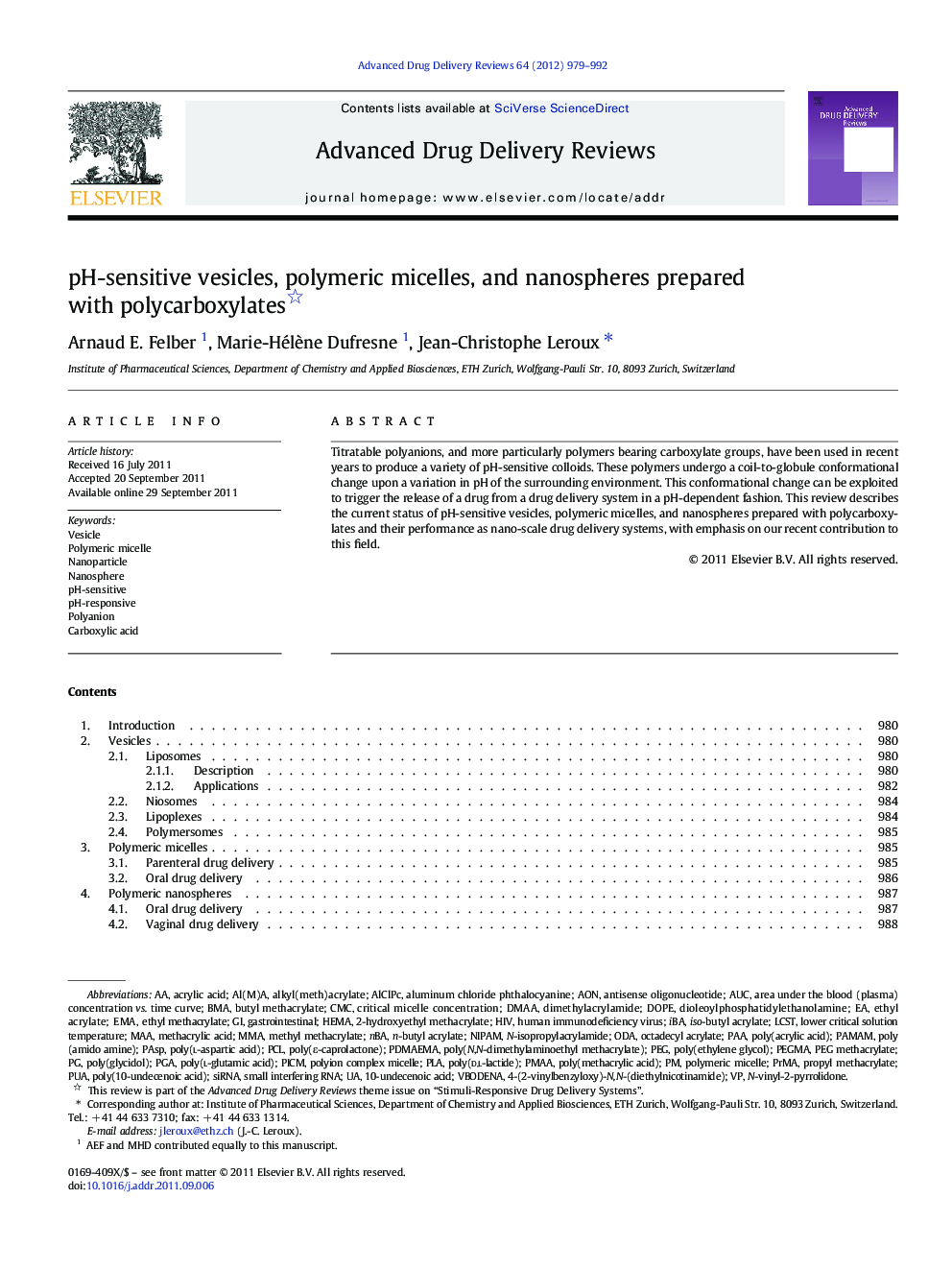 pH-sensitive vesicles, polymeric micelles, and nanospheres prepared with polycarboxylates 