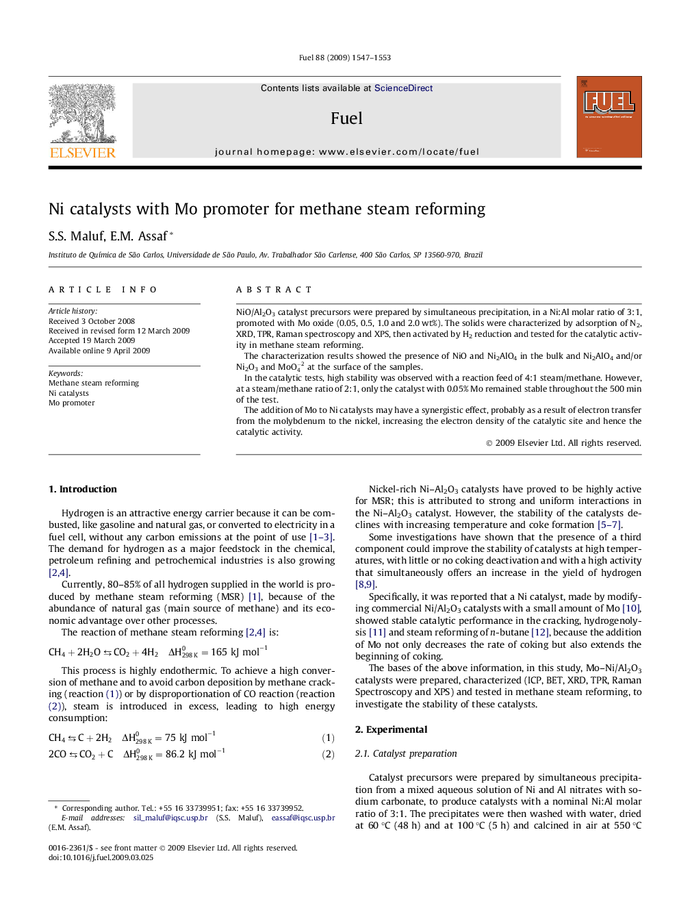 Ni catalysts with Mo promoter for methane steam reforming