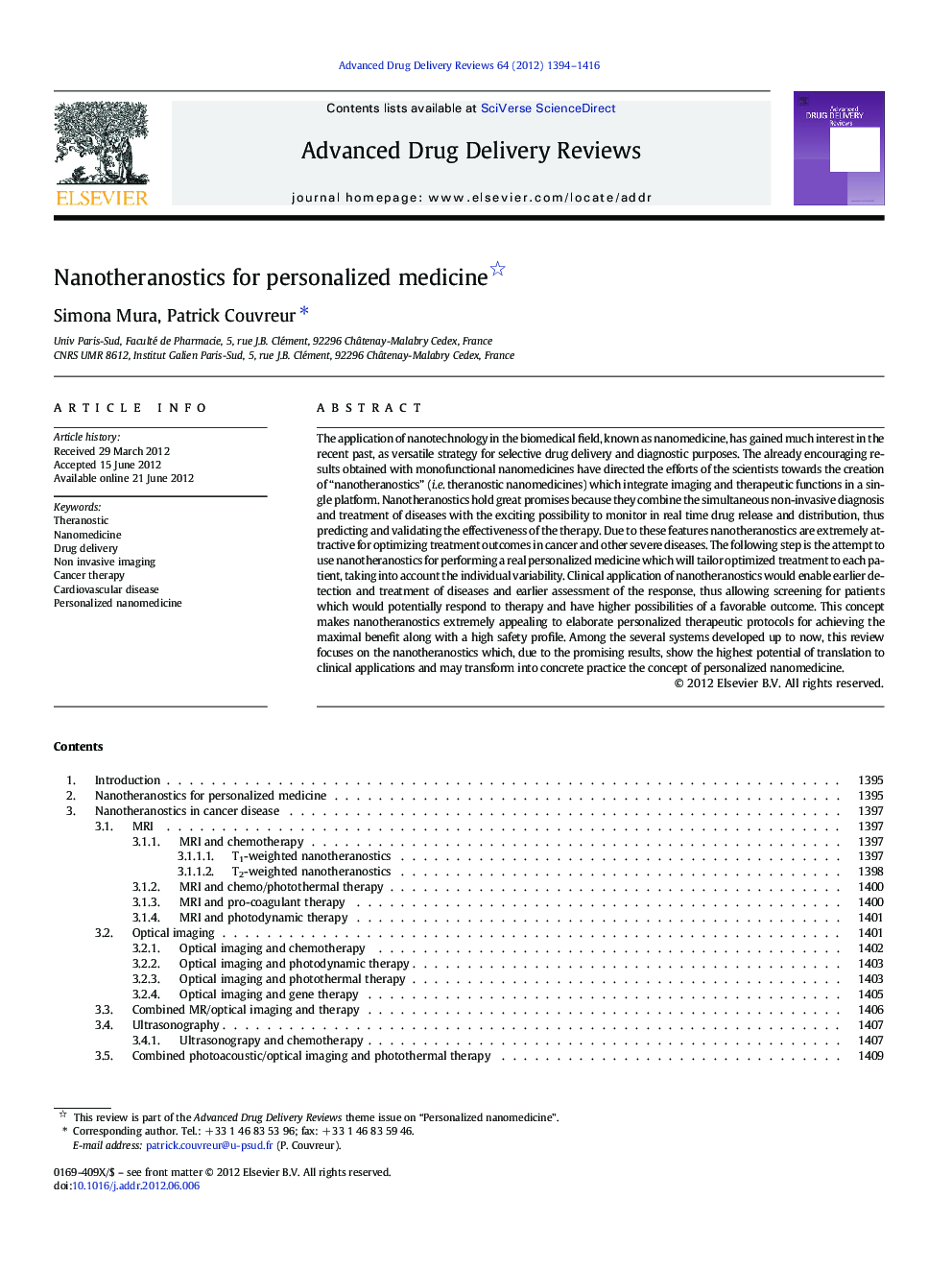 Nanotheranostics for personalized medicine 