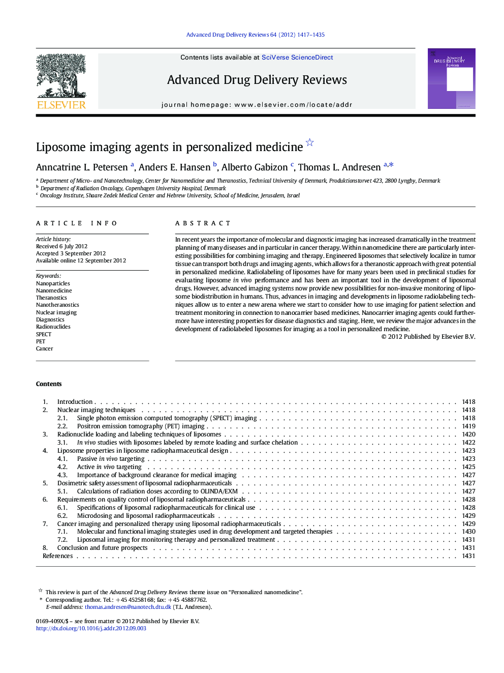 Liposome imaging agents in personalized medicine 