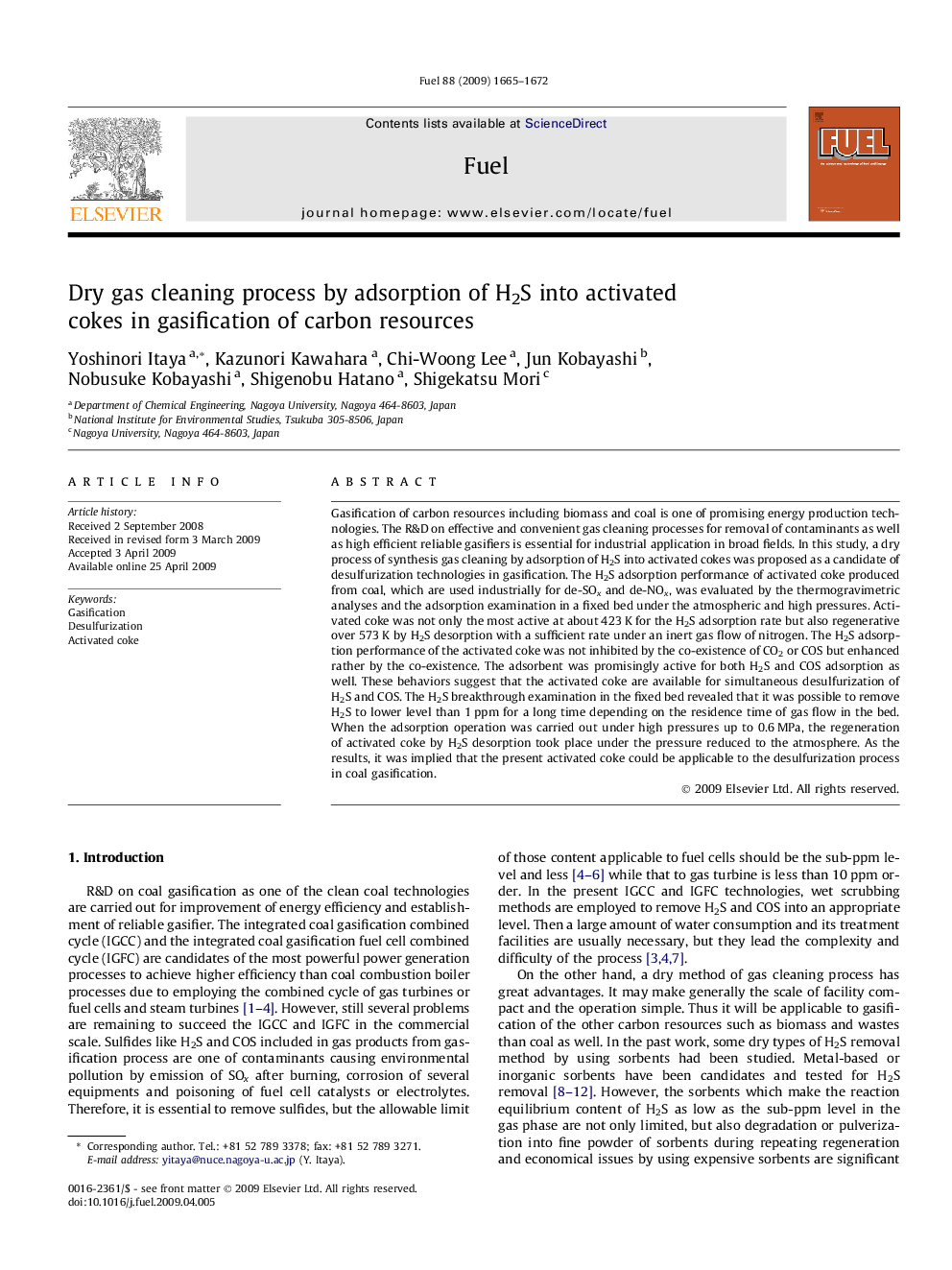 Dry gas cleaning process by adsorption of H2S into activated cokes in gasification of carbon resources