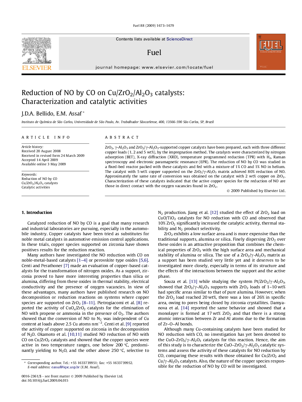 Reduction of NO by CO on Cu/ZrO2/Al2O3 catalysts: Characterization and catalytic activities