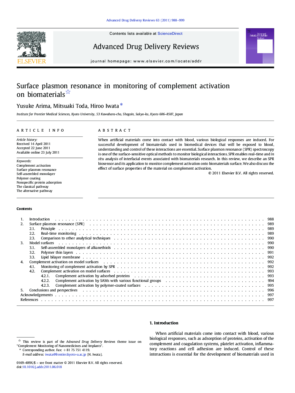 Surface plasmon resonance in monitoring of complement activation on biomaterials 