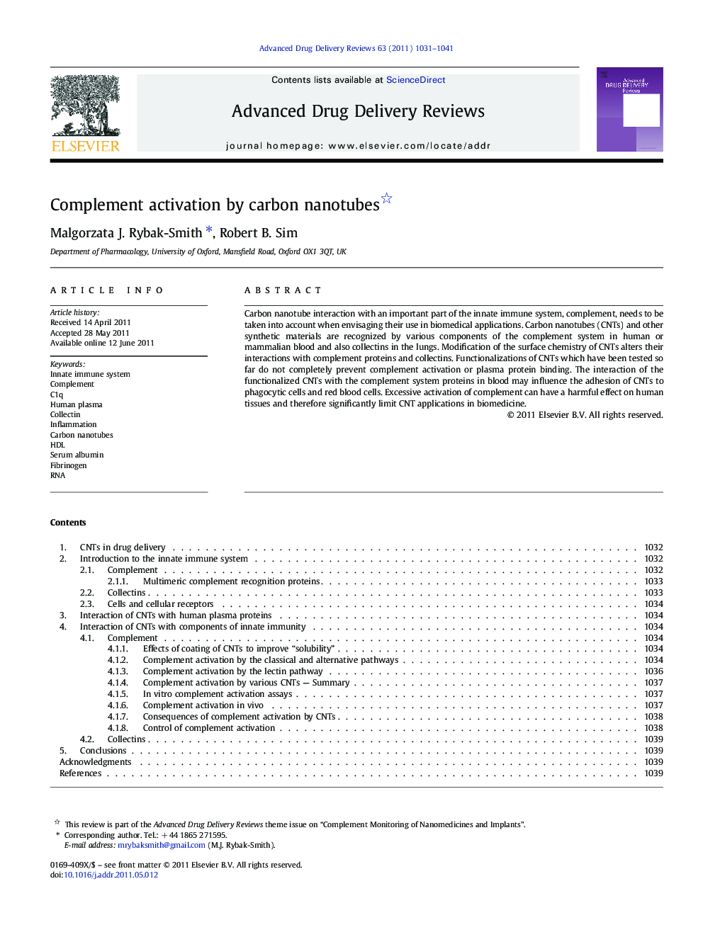 Complement activation by carbon nanotubes 