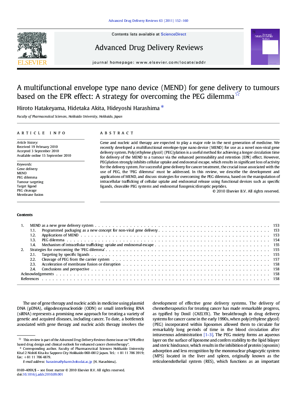 عکس صفحه اول مقاله: A multifunctional envelope type nano device (MEND) for gene delivery to tumours based on the EPR effect: A strategy for overcoming the PEG dilemma A multifunctional envelope type nano device (MEND) for gene delivery to tumours based on the EPR effect: A strategy for overcoming the PEG dilemma