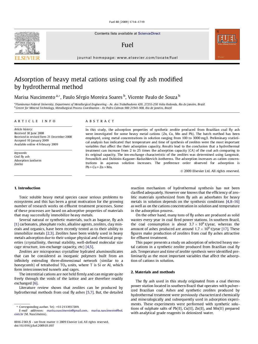 Adsorption of heavy metal cations using coal fly ash modified by hydrothermal method