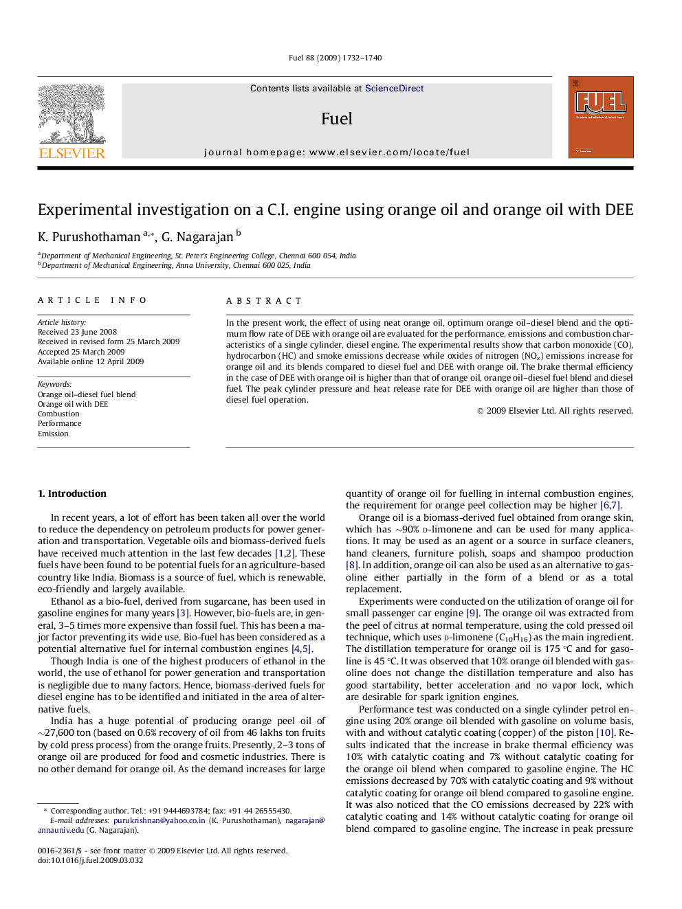 Experimental investigation on a C.I. engine using orange oil and orange oil with DEE