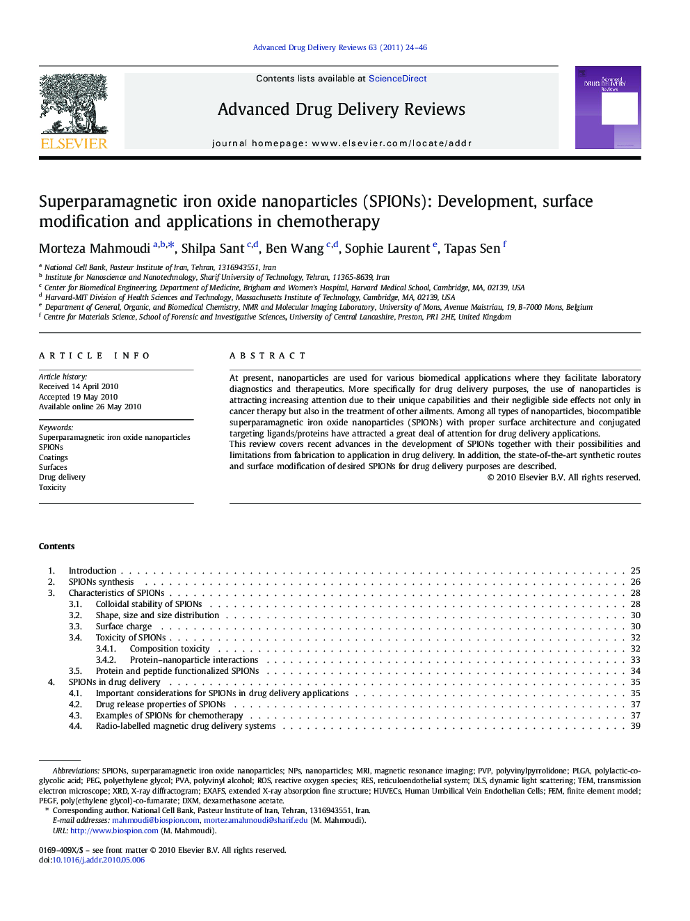 عکس صفحه اول مقاله: Superparamagnetic iron oxide nanoparticles (SPIONs): Development, surface modification and applications in chemotherapy Superparamagnetic iron oxide nanoparticles (SPIONs): Development, surface modification and applications in chemotherapy
