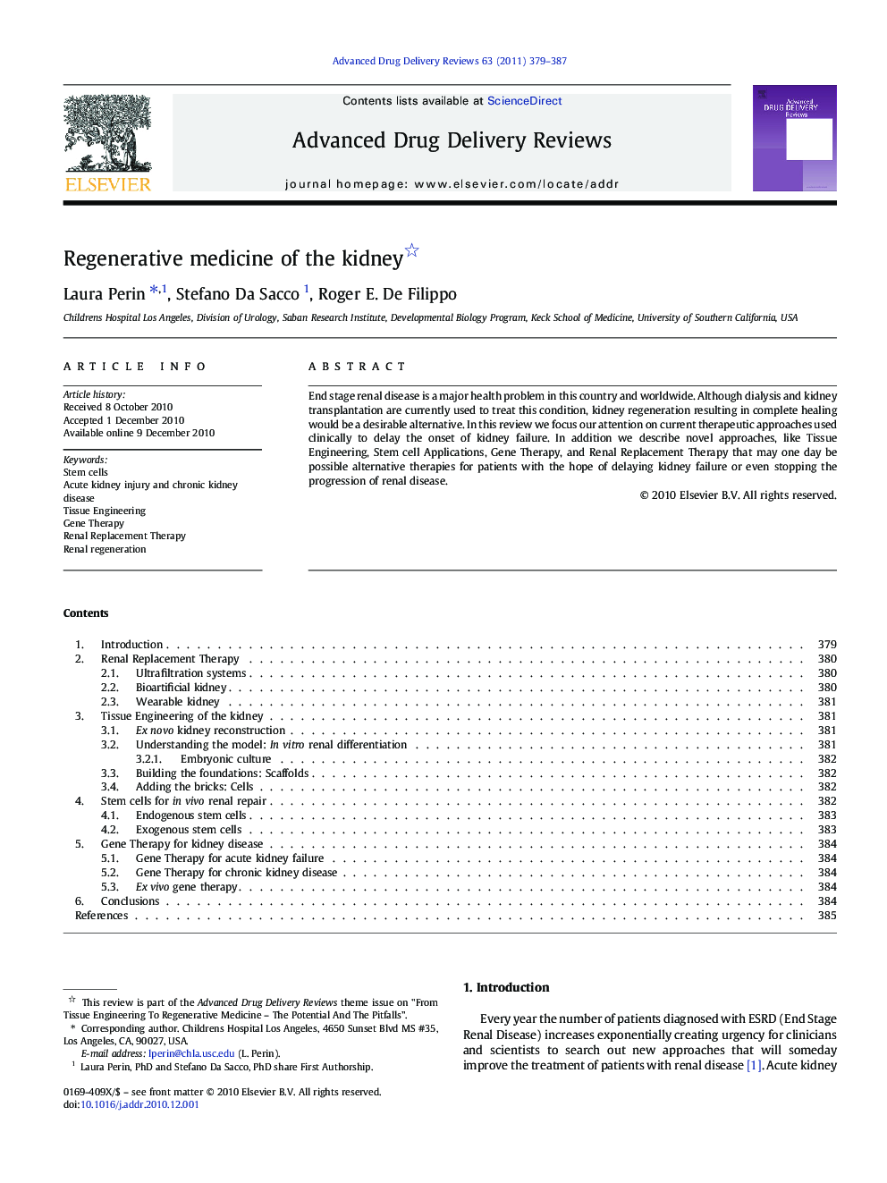 Regenerative medicine of the kidney 