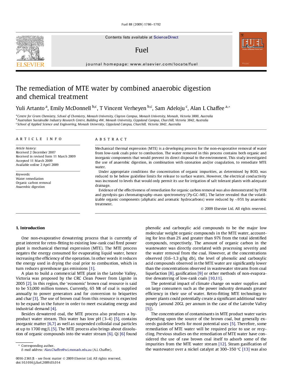 The remediation of MTE water by combined anaerobic digestion and chemical treatment