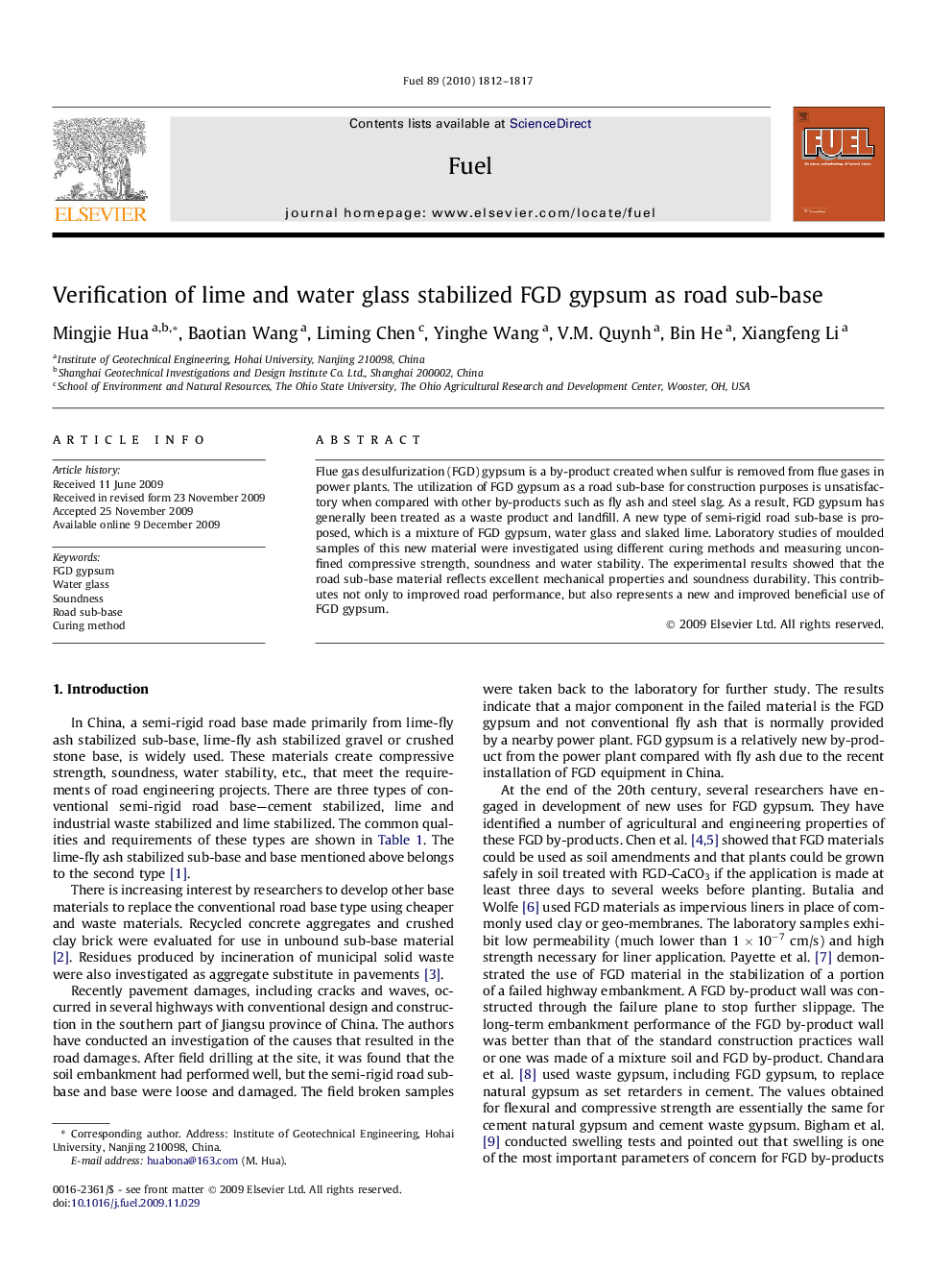 Verification of lime and water glass stabilized FGD gypsum as road sub-base