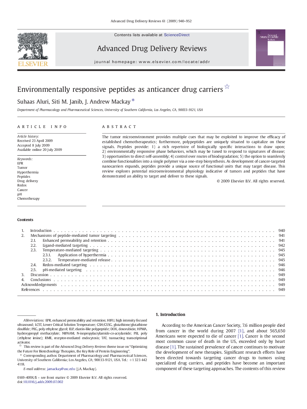 Environmentally responsive peptides as anticancer drug carriers 