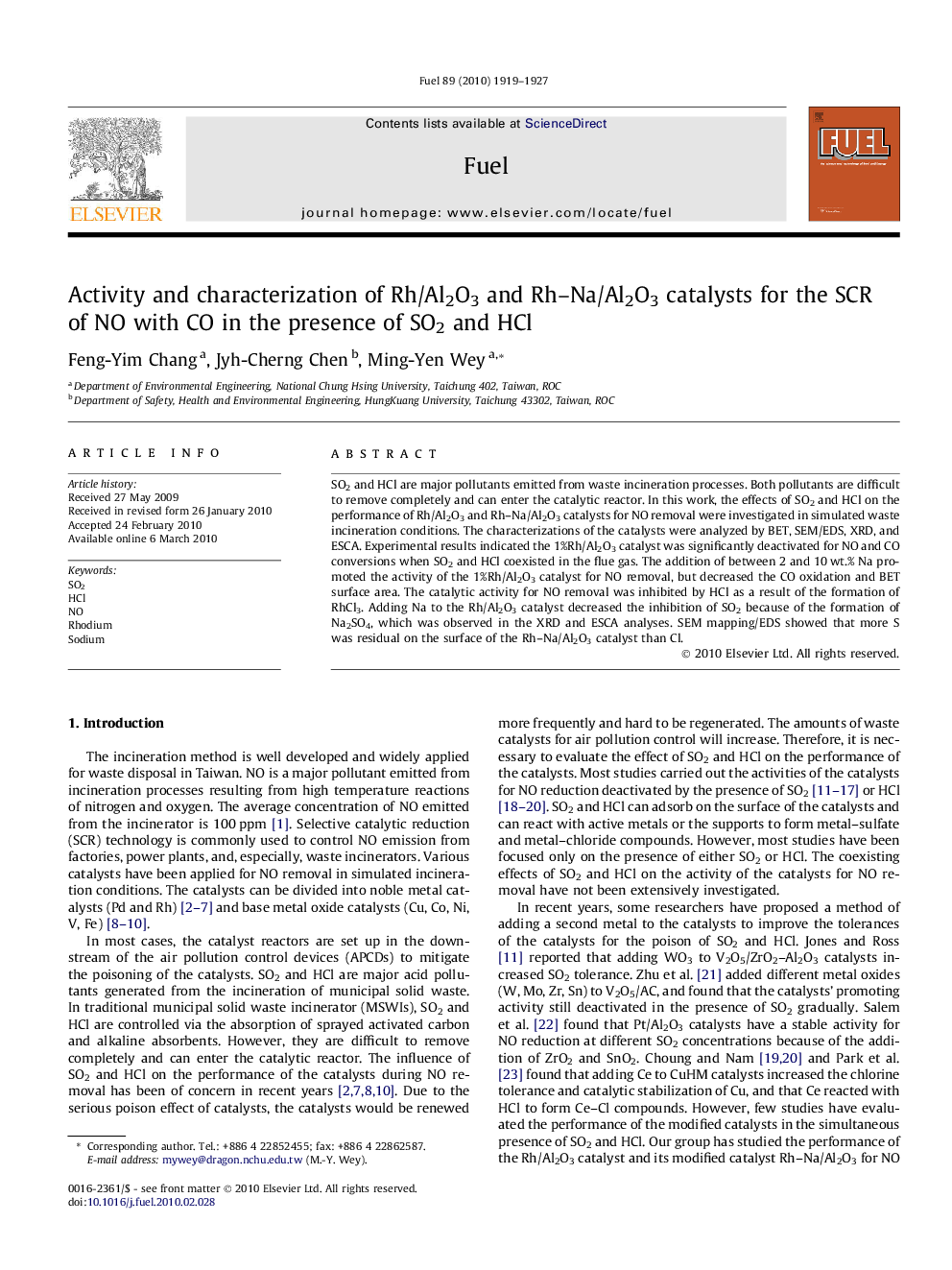 Activity and characterization of Rh/Al2O3 and Rh–Na/Al2O3 catalysts for the SCR of NO with CO in the presence of SO2 and HCl