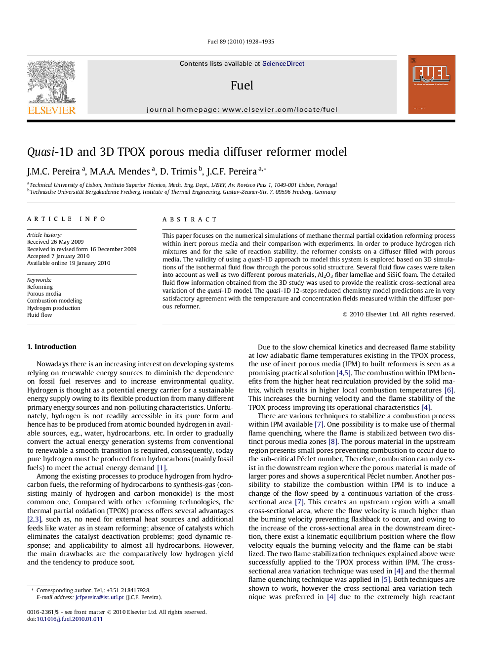 Quasi-1D and 3D TPOX porous media diffuser reformer model