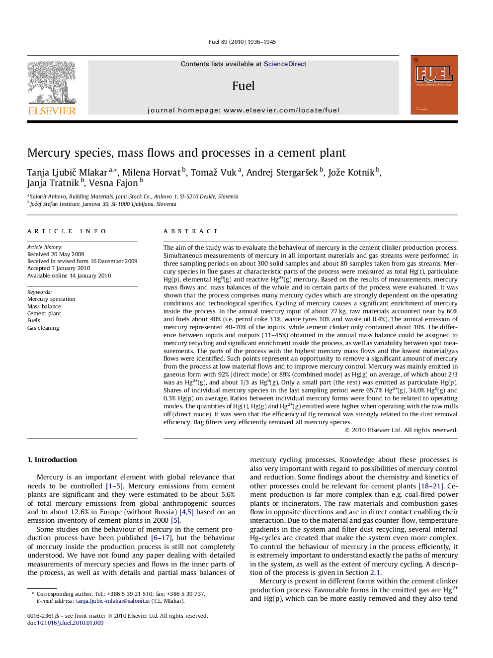 Mercury species, mass flows and processes in a cement plant